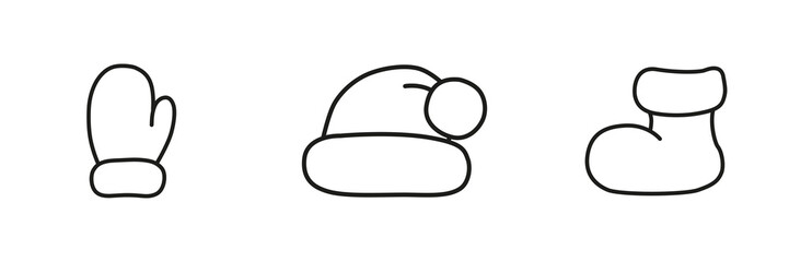 Isolated outlines of hat, boot, and mitten on a white background. Set of vector illustrations. For winter designs, Christmas prints, paper, decors, stickers, invitations, cards, and the web.