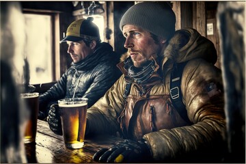 People drinking in a small ski-hut cottage, apres-ski, after skiing, generative ai
