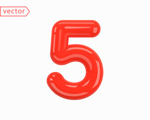 Number 5 Sign. Realistic Red Plastic Glossy 3D Number Five isolated on white background. Birthday, Anniversary, Party, Christmas, Xmas, New year, Holiday Sale Concept. 3d vector illustration