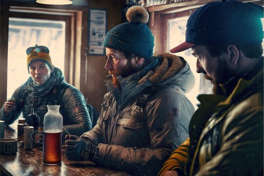 People drinking in a small ski-hut cottage, apres-ski, after skiing, generative ai