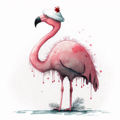 Christmas illustration, tall and adorable flamingo isolated on a white background