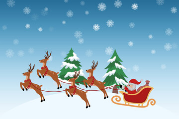 Christmas Background with Santa Claus Ride Reindeer Sleigh