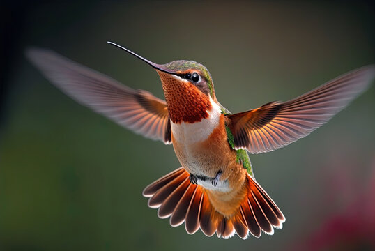 Amazing picture of a flitting rufous hummingbird Generative AI