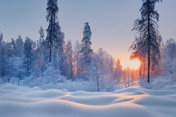 Beautiful snowy landscape with forest, river, mountain, valley and road.