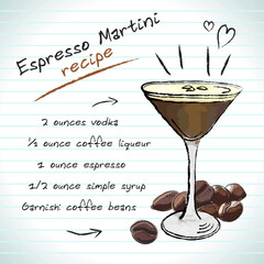 Espresso Martini cocktail, vector sketch hand drawn illustration, fresh summer alcoholic drink with recipe and fruits	