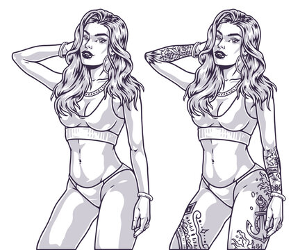 Hot beauty girl emblem monochrome