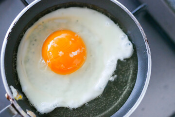 Fried eggs in the pan close up ,