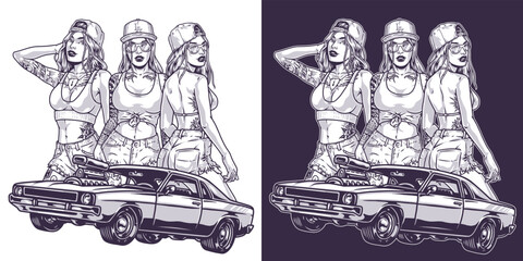 Girls street racers monochrome emblem