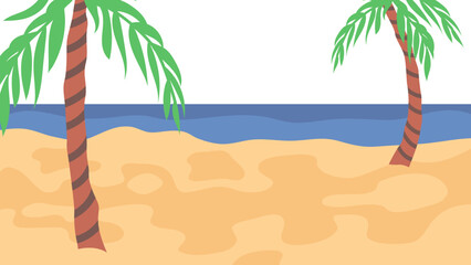 Fototapeta na wymiar Summer Vacations Concept. Beautiful Summer Landscape With Exotic Palm Trees, Ocean, Gold Sand And Warm Air. Beautiful Tropical Island Beach with Palm Trees. Cartoon Flat Style. Vector Illustration