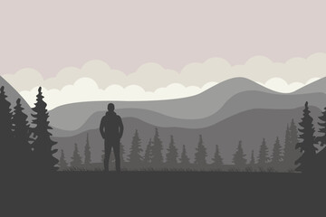 lonely man at mountain and forest landscape illustration