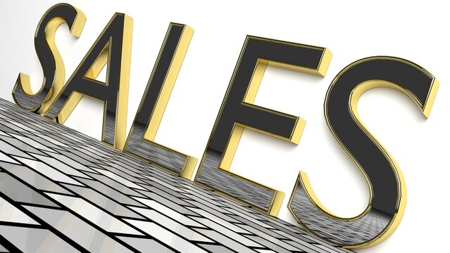 SALES word in glossy gold on a white background and a brick pattern floor 3d Rendering - Illustration