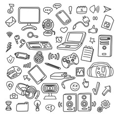 Outline computer doodles Line art set of objects and symbols on the theme of the computer technology
