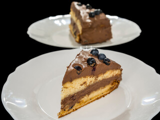 Dark chocolate blueberry cream cake on plate