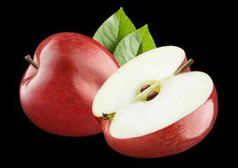 Delicious red apples with leaves, isolated on black background