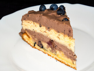Dark chocolate blueberry cream cake on plate