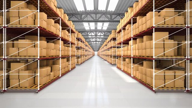 The flight of the camera in a large warehouse with boxes and parcels. Seamless looped first-person shot. The concept of marketplaces and warehouse Realistic 3d rendering animation.