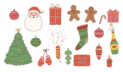 Christmas and New Year stickers in cartoon retro style. Santa's head, gingerbread, garlands and gifts, Christmas tree with decorations and lights, champagne, holiday firecracker, gift boxes, socks.