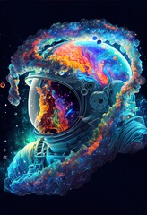 Astronaut floating through the galaxy helmet reflect
