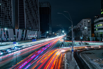 Night city traffic in Kyiv, Ukraine.