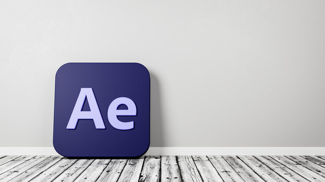 Adobe After Effects App Icon on Wooden Floor Against Wall