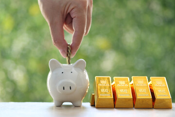 Woman hand putting a coin into piggy bank and gold bar on natural green background,Business...