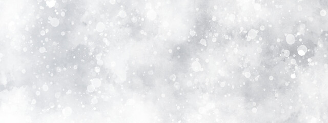 Abstract cloudy white background with snowflakes, beautiful white watercolor background with glitter particles, white bokeh background for wallpaper, invitation, cover and design.	