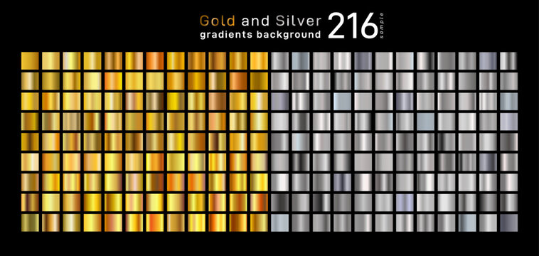 Big set of gradients, consisting of collection 108 gold and 108 silver glossy squares. Icon texture metallic for ribbon, frame, coin, label. 216 Vector backgrounds. Elegant light and glitter pattern.