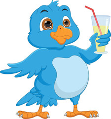 cartoon cute blue bird holding drink in a glass