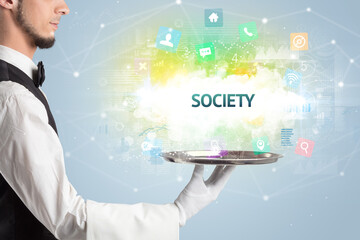 Waiter serving social networking concept