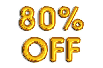 80% off discount promotion sale made of realistic 3d gold helium balloons. Illustration of golden percent symbol for selling poster, banner, ads, shopping concept. Numbers isolated on white background