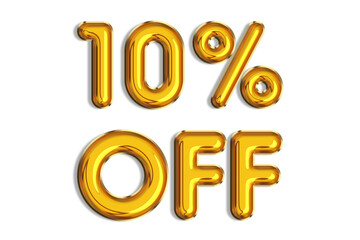 10% off discount promotion sale made of realistic 3d gold helium balloons. Illustration of golden percent symbol for selling poster, banner, ads, shopping concept. Numbers isolated on white background