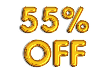 55% off discount promotion sale made of realistic 3d gold helium balloons. Illustration of golden percent symbol for selling poster, banner, ads, shopping concept. Numbers isolated on white background