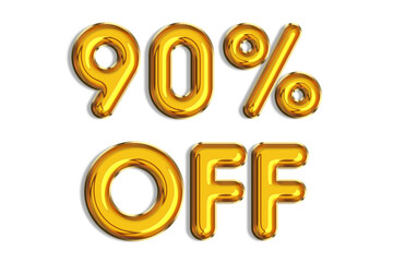 90% off discount promotion sale made of realistic 3d gold helium balloons. Illustration of golden percent symbol for selling poster, banner, ads, shopping concept. Numbers isolated on white background