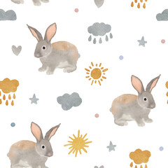 Fototapeta premium Cute seamless pattern with watercolor rabbit or bunny. Easter bunnies, sun, clouds, stars and dots.