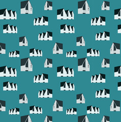 Nordic house pattern on the blue background. Good fit for packing paper. Scandinavian forest vector pattern. Nordic nature landscape concept. Perfect for kid's fabric, textile, and nursery wallpaper. 