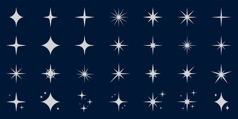 Sparkle Silver Star Silhouette Icon Set. Glow Spark Flash Stars Pictogram Collection. Shine Burst Magic Decoration Symbol. Glistering Effect Light. Twinkle Flare. Isolated Vector Illustration