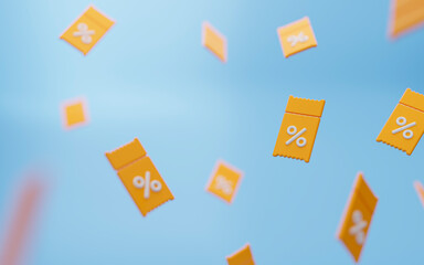 3d background from yellow coupons on light blue wall. For promotion, marketing and advertising in social networks. 3d rendering.