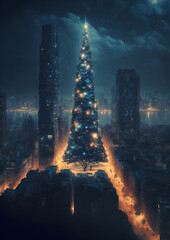 A giant Christmas tree  with beautifully decorative lights in a big city.generate by ai