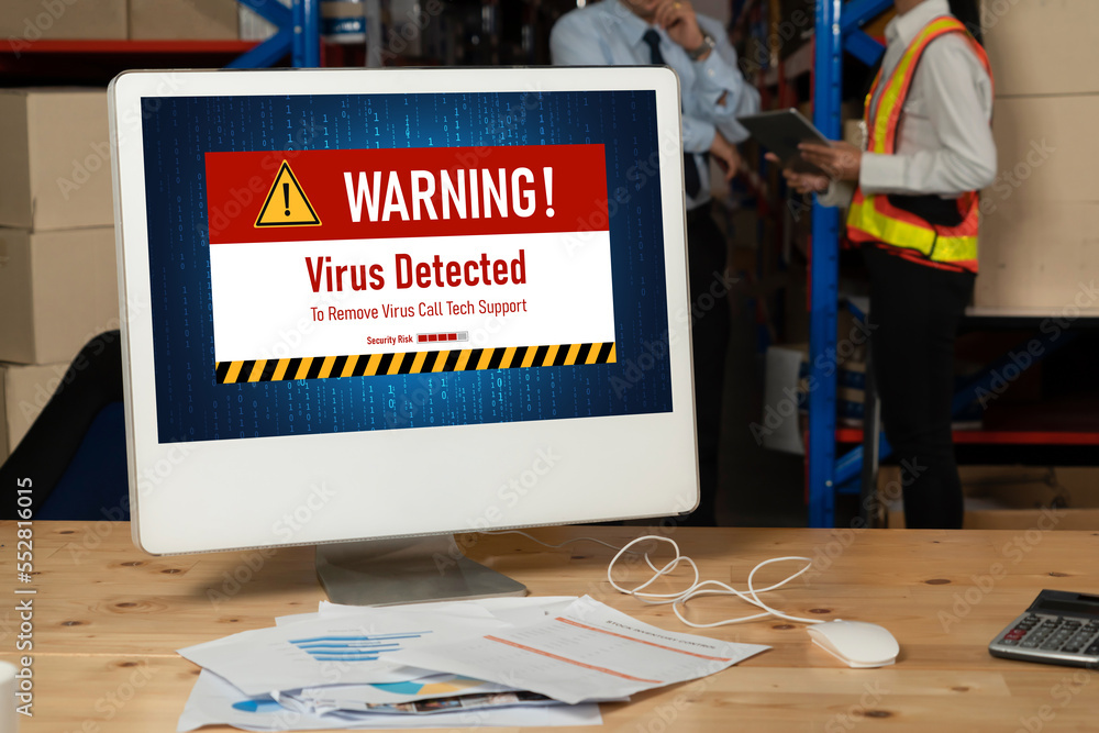 Poster virus warning alert on computer screen detected modish cyber threat , hacker, computer virus and mal