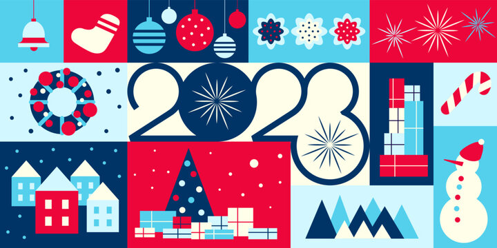 Merry Christmas and Happy New Year 2023. Colorful vector illustration in flat geometric cartoon style. Cover poster template of greeting cards, posters, prints, party invitations, backgrounds.