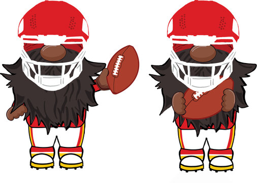 Pair of cute Patrick Magnomes hand drawn vector illustrations of a gnome quarterback sports player holding a football with a helmet on an isolated white background.