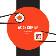 Poster template for social media for Asian food restaurant with delivery. Vector