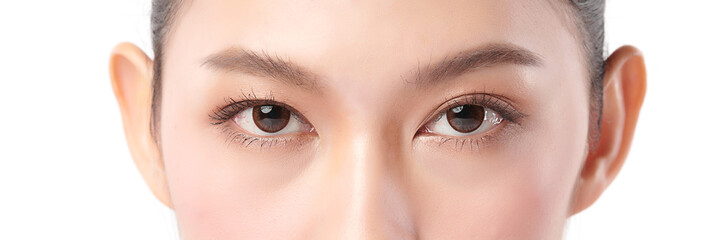 close up of beauty asia woman eye on white background.