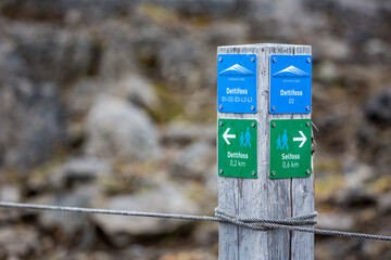 Info directional sign with distances to Selfoss and Dettifoss, Iceland