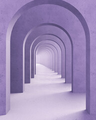 Classic metaphysics surreal interior design, imaginary fictional architecture. Archway with purple marble walls. Move forward, opportunities, business, future concept