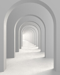 Classic metaphysics surreal interior design, imaginary fictional architecture. Archway with white walls. Move forward, opportunities, business, future concept