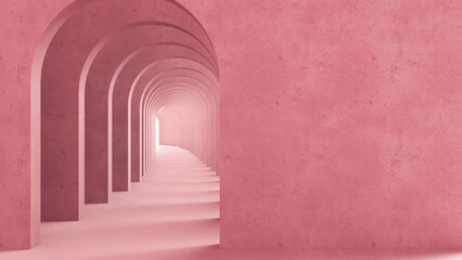 Classic metaphysics surreal interior design, imaginary fictional architecture. Archway with red marble walls. Move forward, opportunities, future concept with copy space - obrazy, fototapety, plakaty