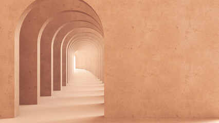 Classic metaphysics surreal interior design, imaginary fictional architecture. Archway with orange marble walls. Move forward, opportunities, future concept with copy space