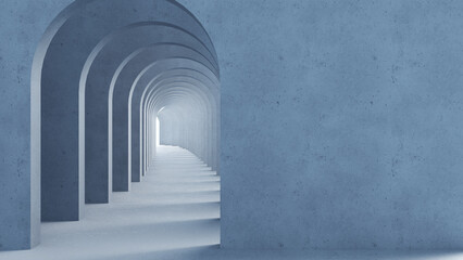 Classic metaphysics surreal interior design, imaginary fictional architecture. Archway with blue marble walls. Move forward, opportunities, future concept with copy space - obrazy, fototapety, plakaty