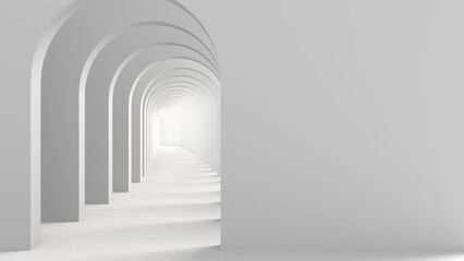 Classic metaphysics surreal interior design, imaginary fictional architecture. Archway with white walls. Move forward, opportunities, future concept with copy space